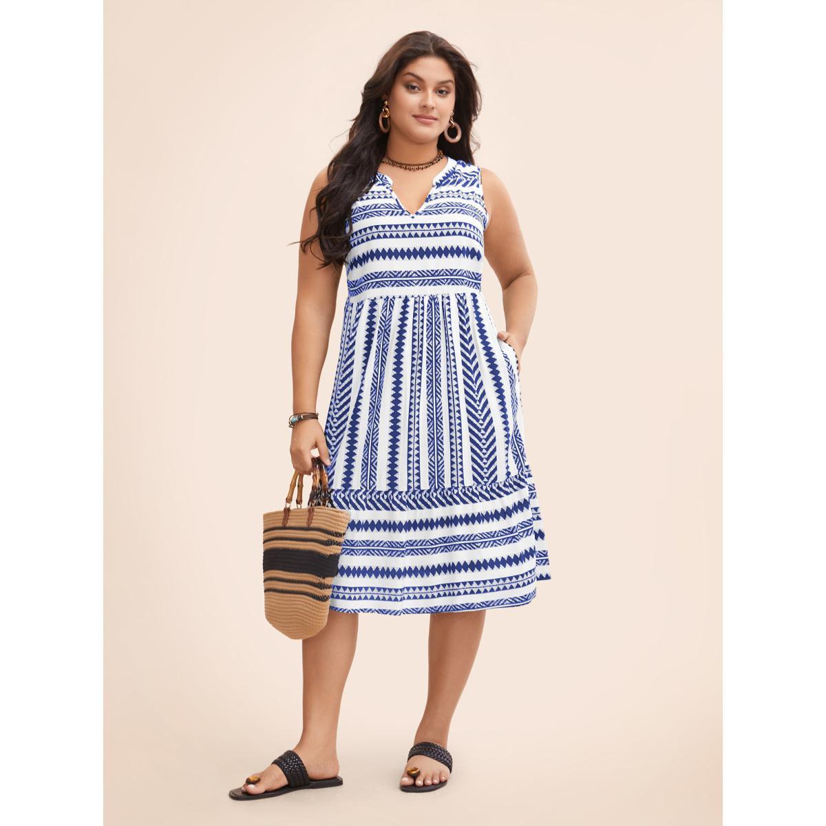 Plus Size Striped Geometric Pocket Ruffle Hem Sleeveless Tank Dress Blue Women Casual Non V-neck Sleeveless Curvy BloomChic 28/5X Product Image