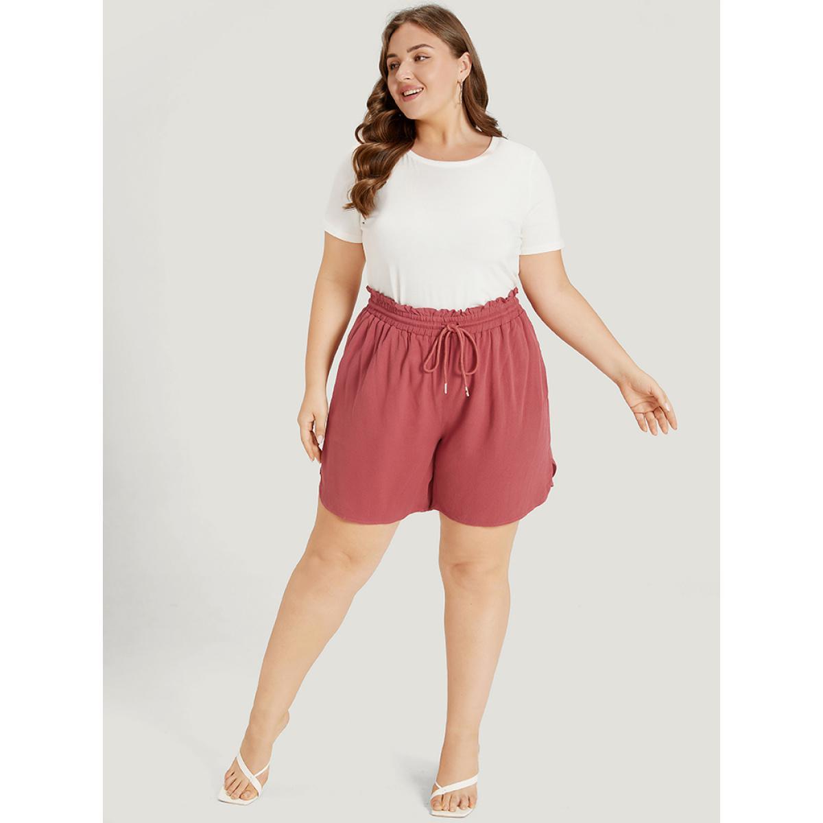 Plus Size Plain Textured Pocket Paperbag Waist Drawstring Split Side Shorts Women Russet Elegant Plain Dailywear Shorts BloomChic 12/L Product Image
