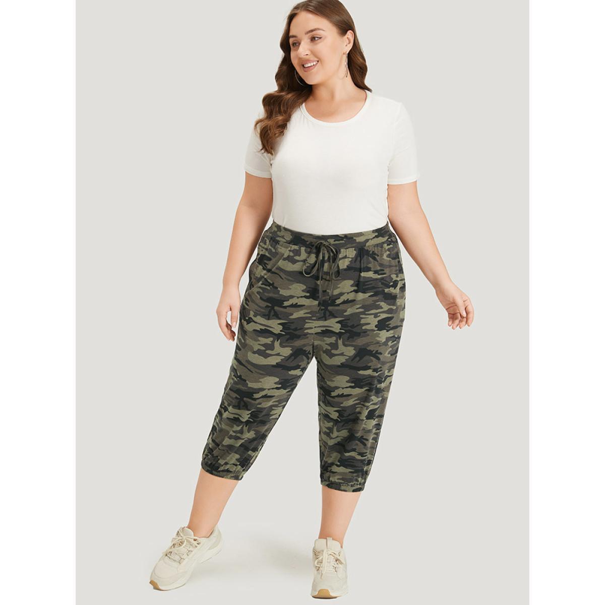 Camo Drawstring High Rise Pocket Cropped Sweatpants ArmyGreen Plus Size Women Casual Dailywear Cross straps 30/6X Bloomchic Product Image