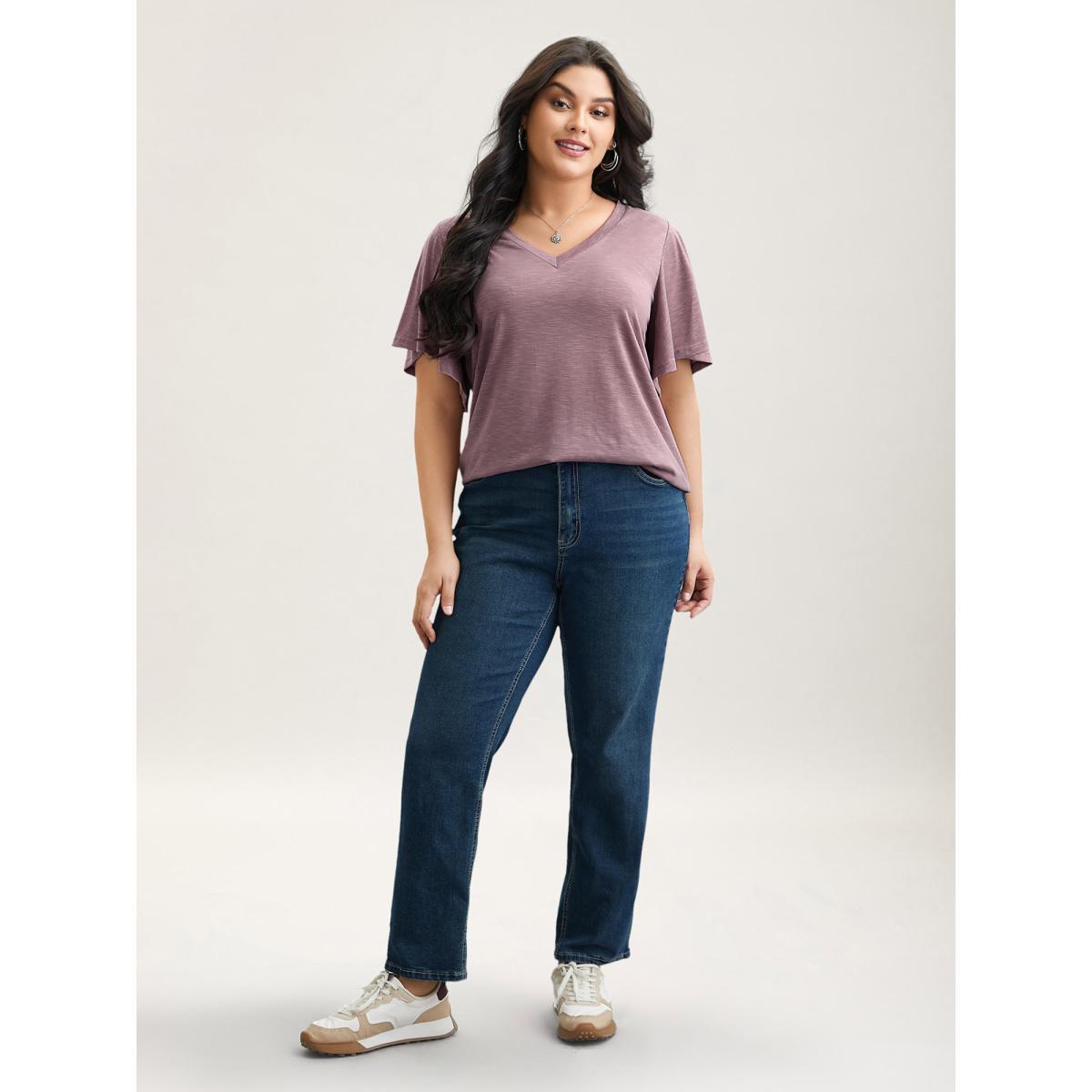 Plus Size V-Neck Stretchy Flared Sleeve T-Shirt DustyPink Women Casual Ruffles V-neck Everyday T-shirts BloomChic 18-20/2X Product Image