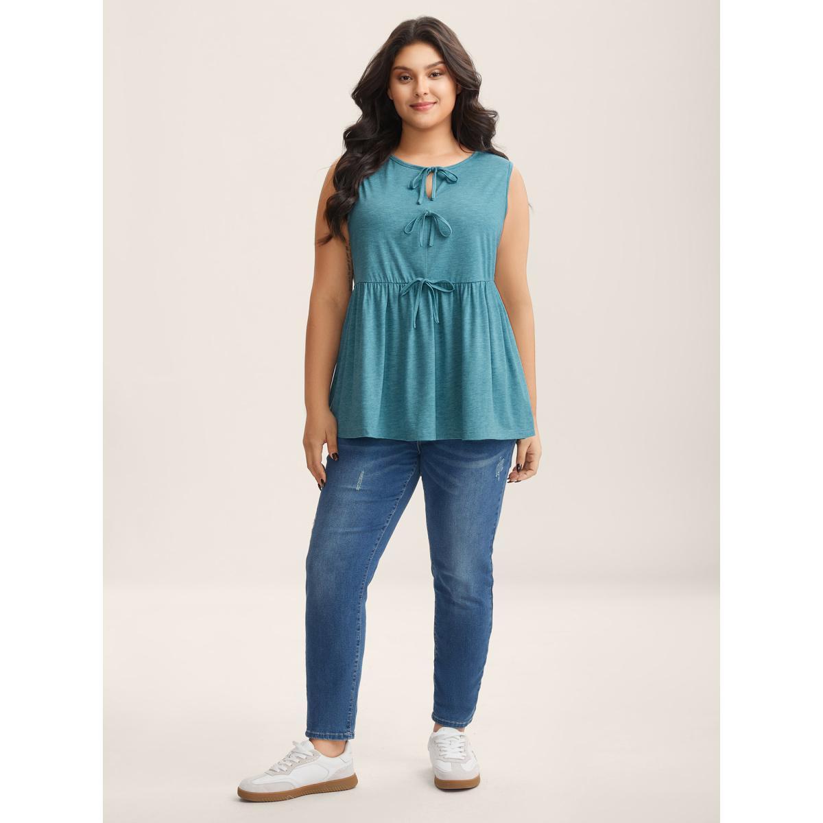 Plus Size Bow Tie Detail Neck Keyhole Tank Top Women Cerulean Tie knot Round Neck Everyday-Casual Tank Tops Camis BloomChic 18-20/2X Product Image