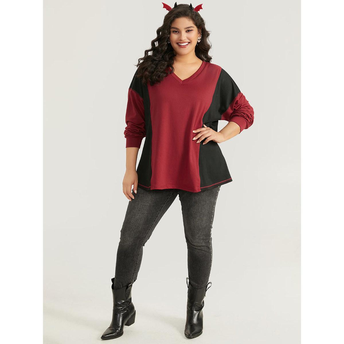 Plus Size Halloween Two Tone Stitch Patchwork Sweatshirt Women Black Casual Elastic cuffs V-neck Festival-Halloween Sweatshirts BloomChic 26/4X Product Image