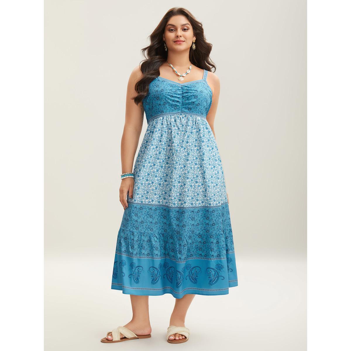 Plus Size Tropical Blues Cinched Cami Midi Dress Cerulean Women Resort Gathered Heart neckline Sleeveless Curvy BloomChic 30/6X Product Image