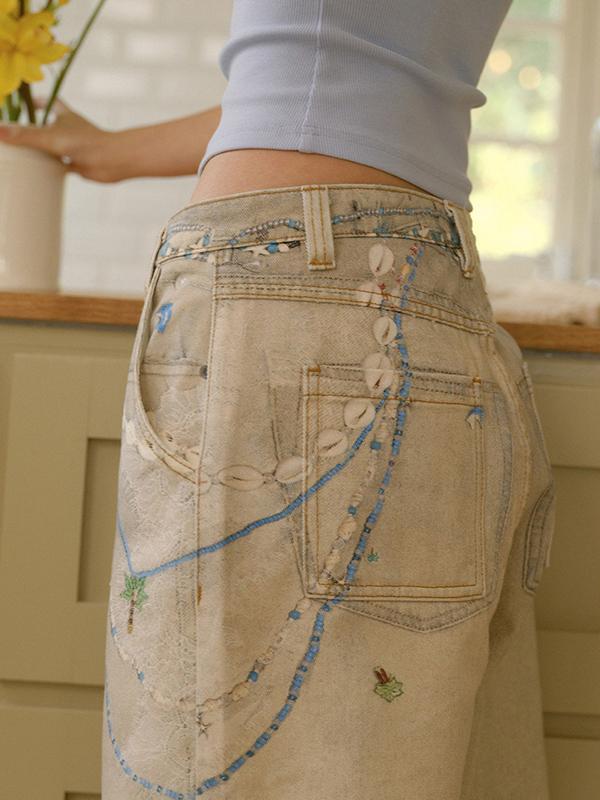Pearl Lace Cold Transfer Print Boyfriend Jeans Product Image