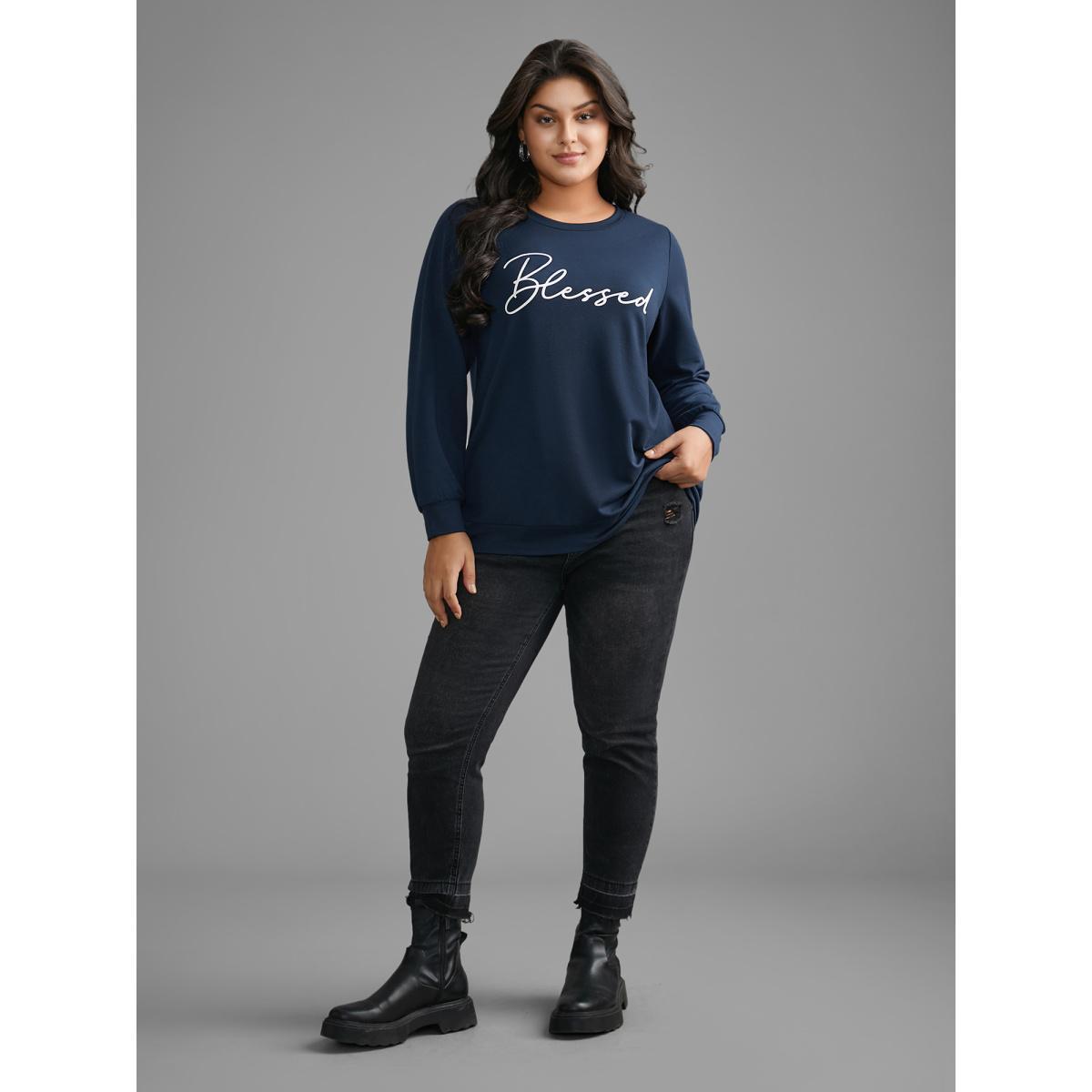 Plus Size Letter Print Crew Neck Sweatshirt Women Midnight Casual Non Round Neck Everyday Sweatshirts BloomChic 26/4X Product Image