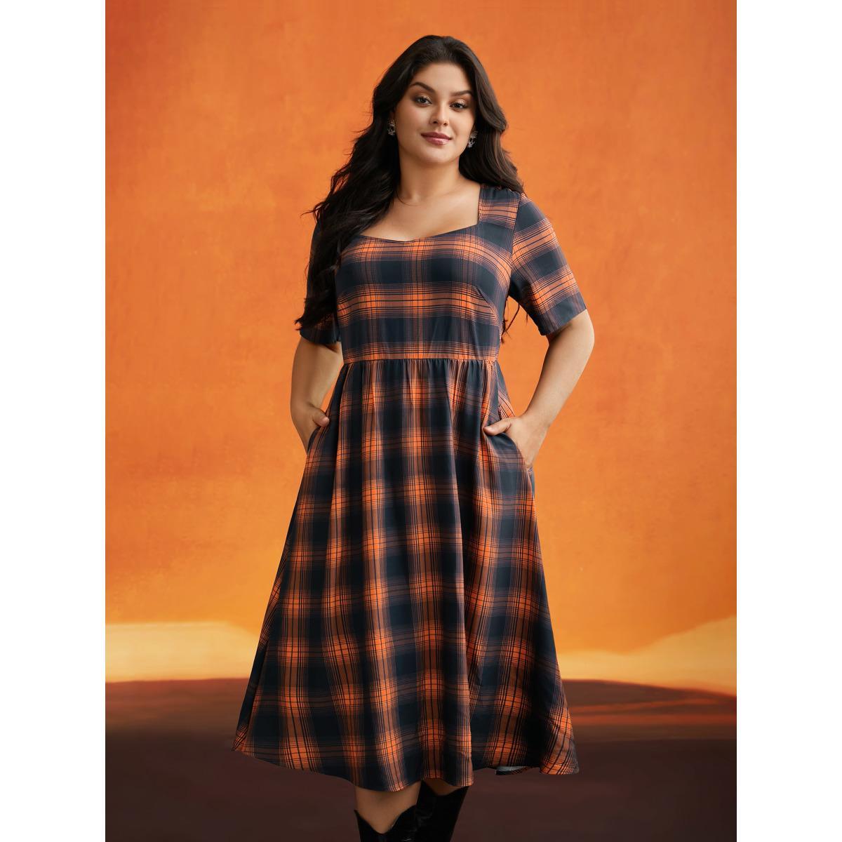Plus Size Stretchy Plaid Contrast Splicing Midi Dress Brightorange Women Cocktail Non Party Curvy Bloomchic 14-16/1X Product Image