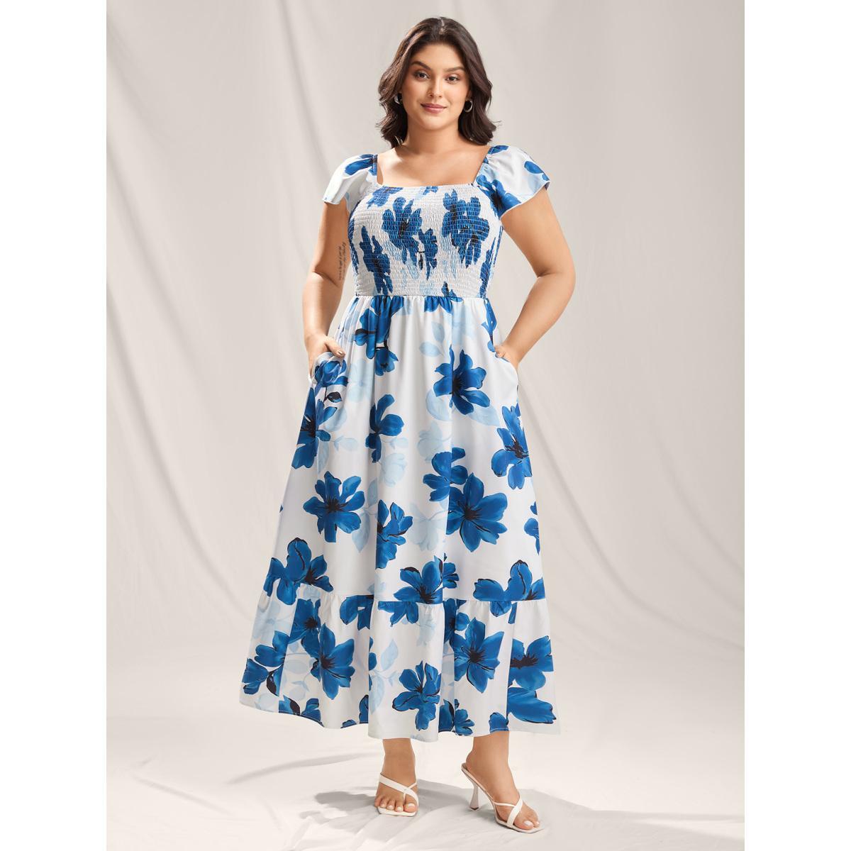 Plus Size Floral Pattern Shirred Pockets Midi Dress Mediumblue Women Square Neck Cap Sleeve Curvy BloomChic 10/M Product Image