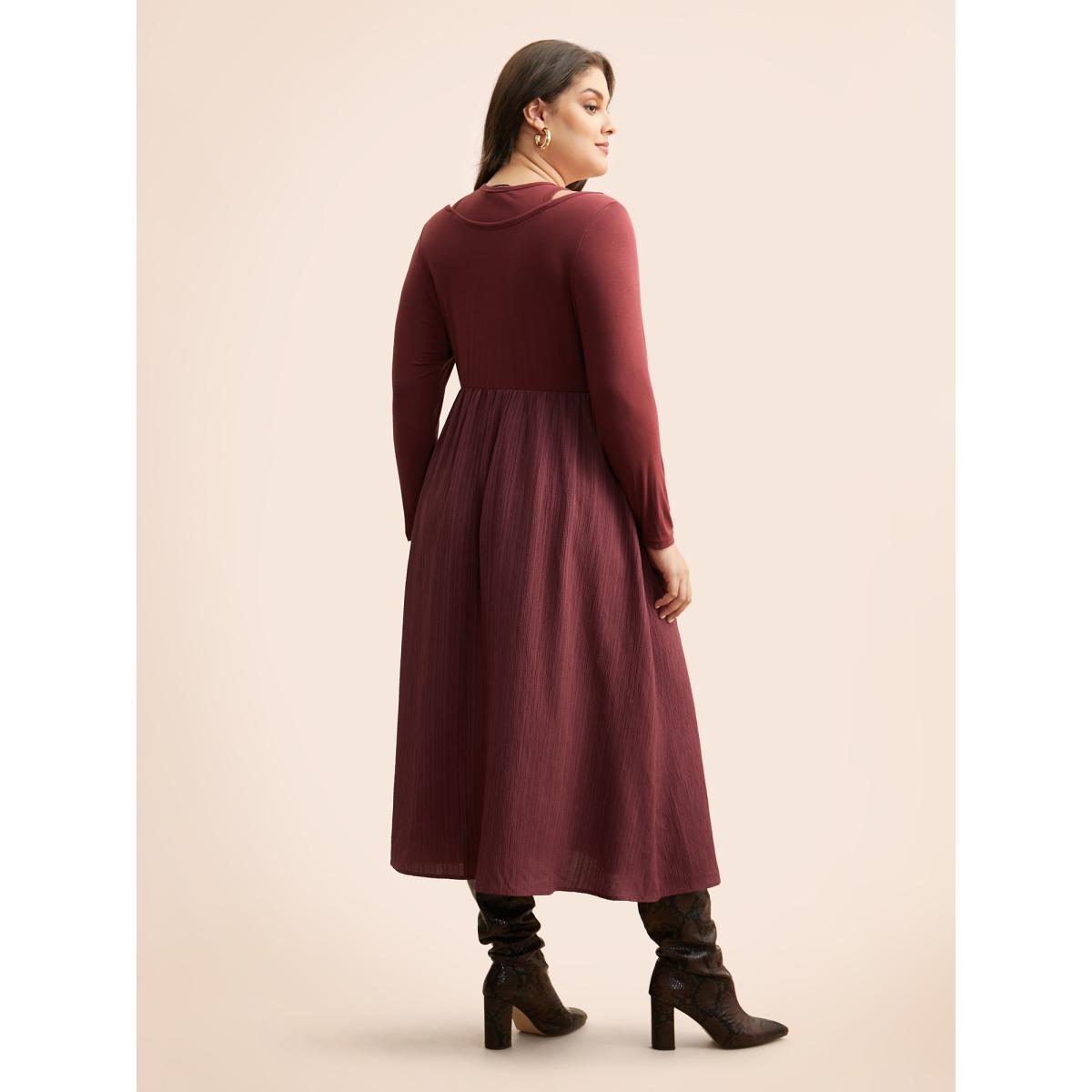 Plus Size 2-In-1 Patchwork Gathered Dress Burgundy Women Casual Texture Round Neck Long Sleeve Curvy BloomChic 26/4X Product Image