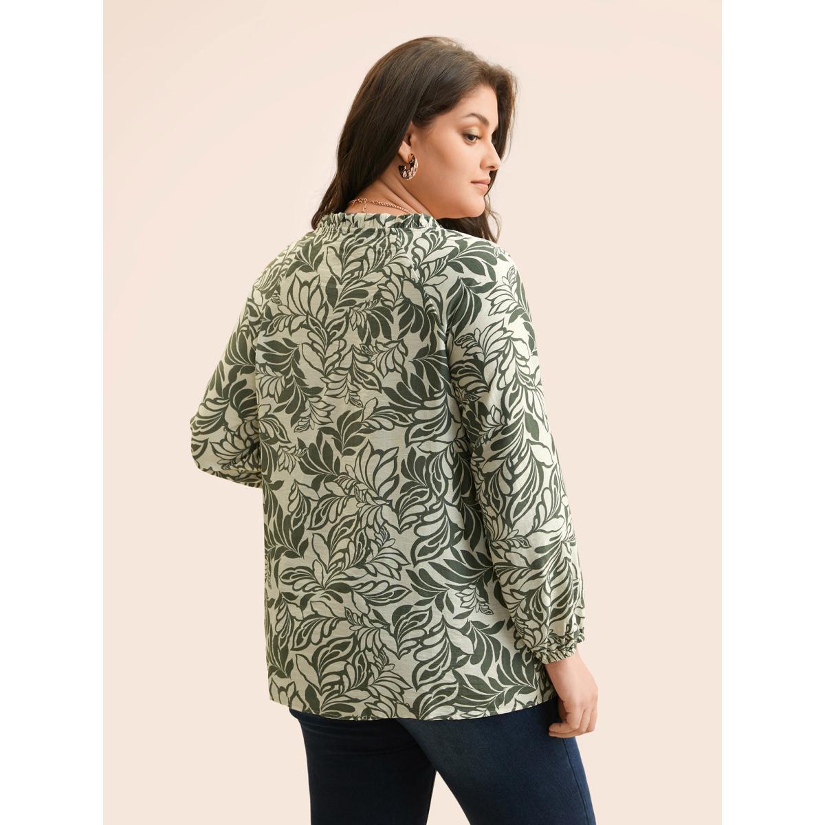 Plus Size ArmyGreen Silhouette Floral Print Ruffle Trim Blouse Women Elegant Long Sleeve Notched collar Everyday Blouses BloomChic 14-16/1X Product Image