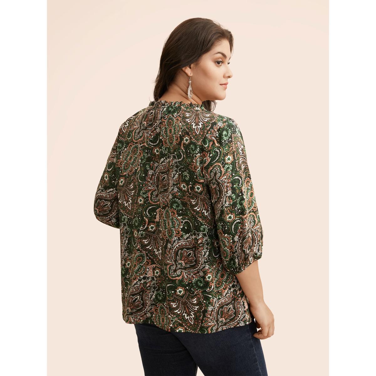 Plus Size DarkGreen Bandana Frill Trim Tie Knot Blouse Women Elegant Elbow-length sleeve Notched collar Everyday Blouses BloomChic 28/5X Product Image