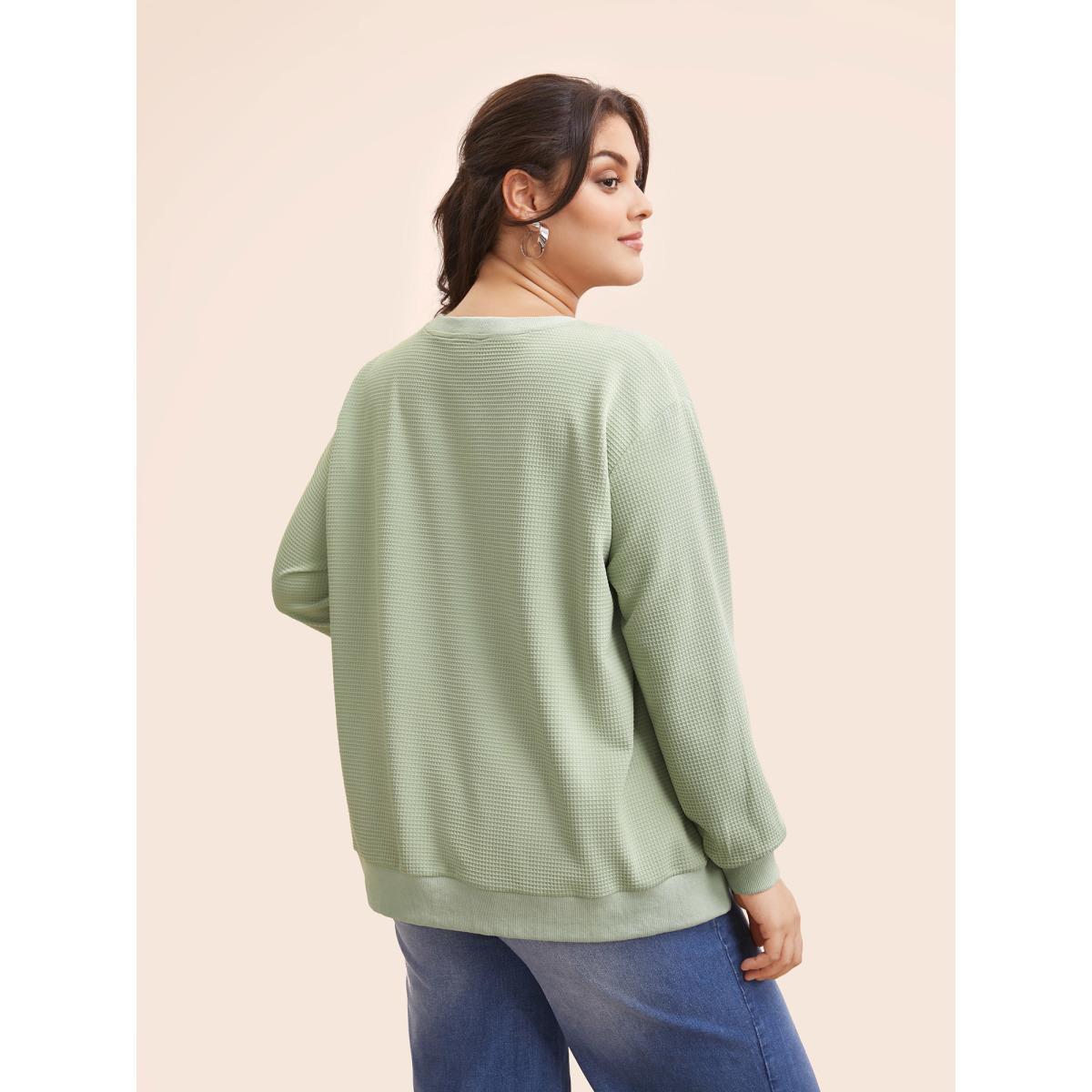 Plus Size Plain Textured Split Hem Sweatshirt Women Greenbean Casual Texture Loose Round Neck Everyday Sweatshirts BloomChic 12/L Product Image