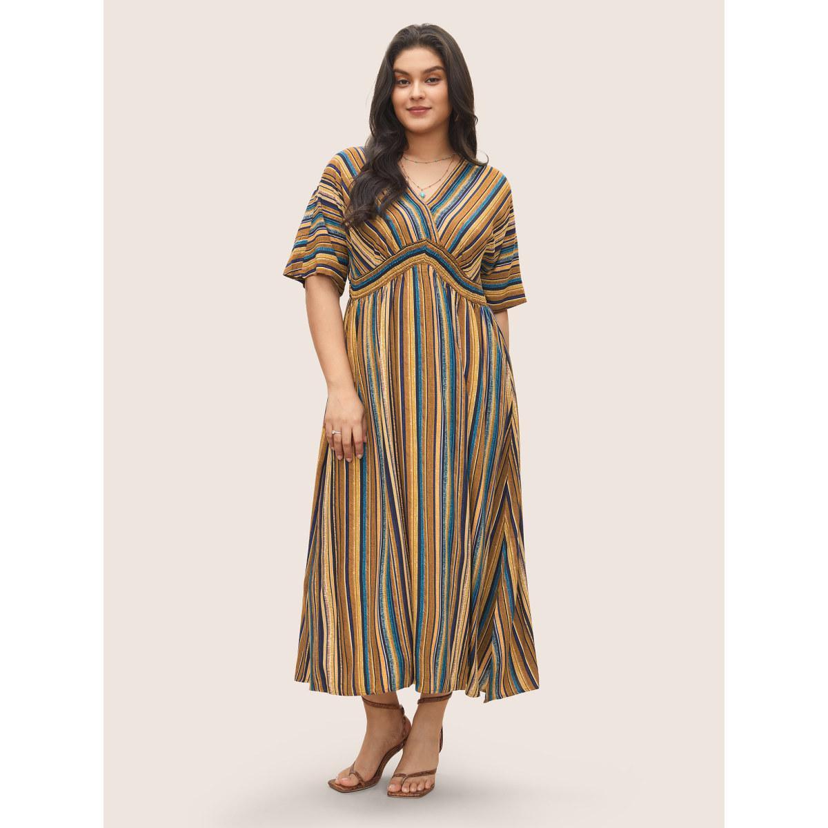 Plus Size Striped Contrast Dolman Sleeve Shirred Pocket Split Flutter Dress Yellow Women Resort Non V-neck Half Sleeve Curvy BloomChic 22-24/3X Product Image