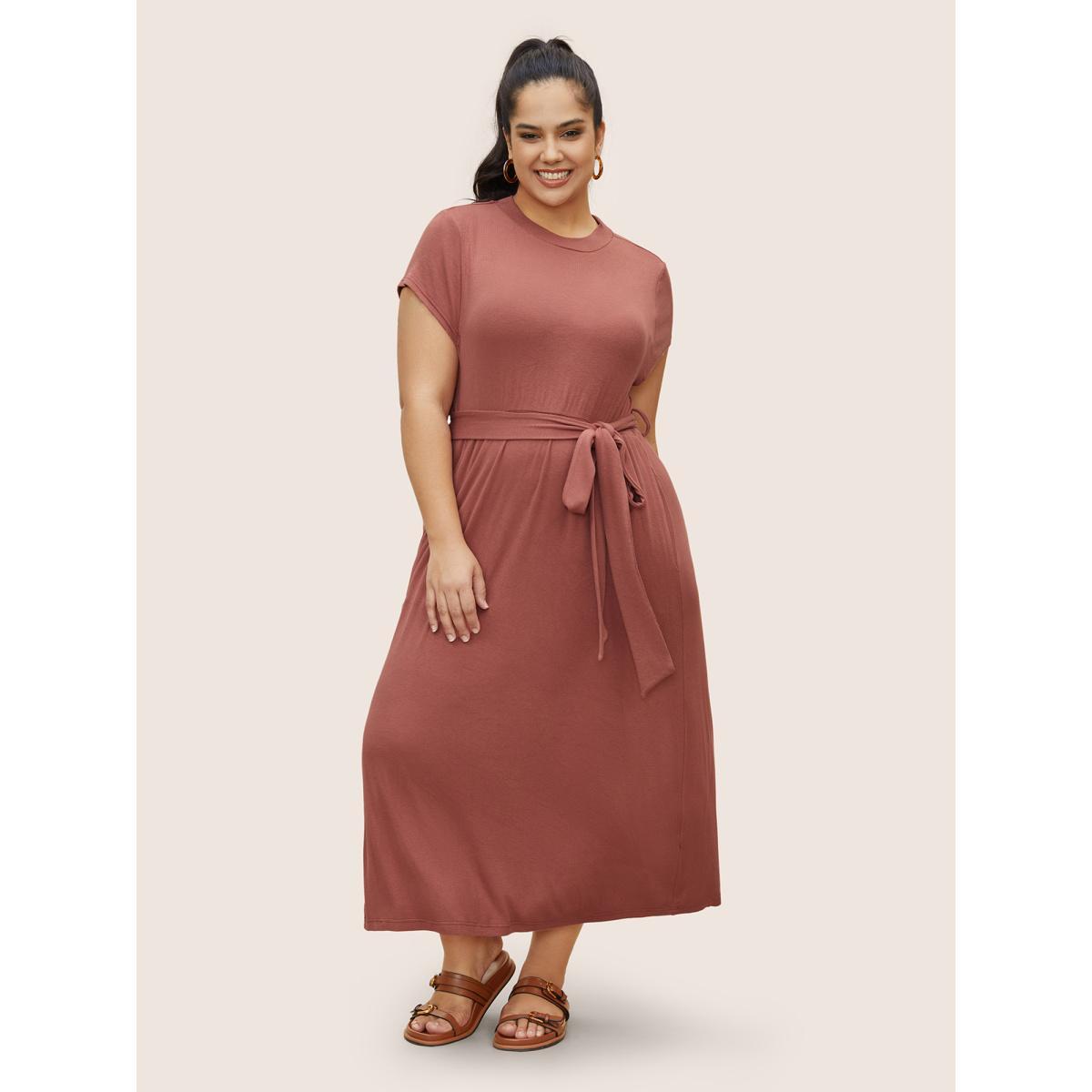 Plus Size Plain Belted Gathered Pit Strip Dress Coral Women Casual Gathered Round Neck Cap Sleeve Curvy BloomChic 26/4X Product Image
