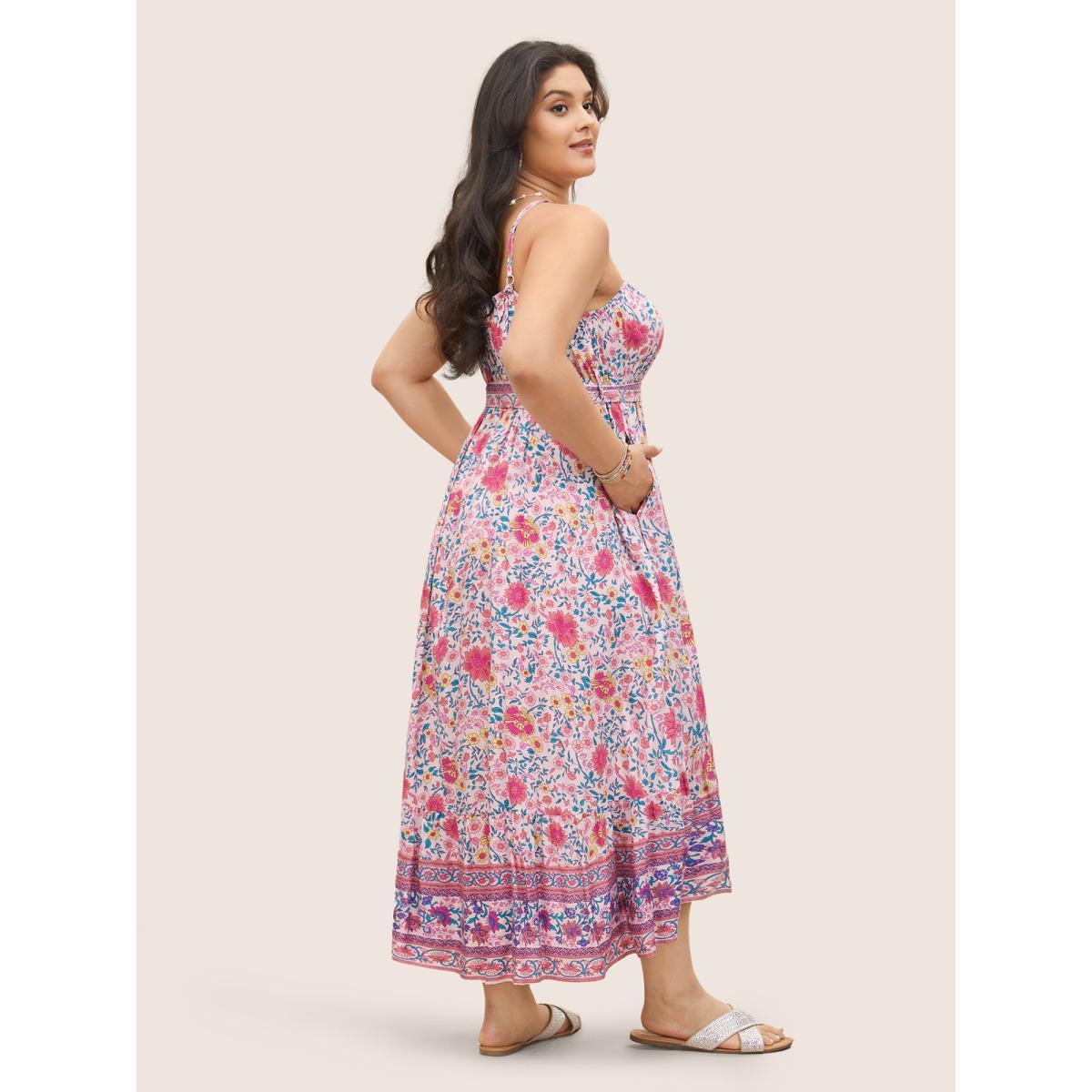 Plus Size Floral Elastic Waist Patchwork Cami Dress MistyRose Women Resort Belted Non Sleeveless Curvy Midi Dress BloomChic 30/6X Product Image