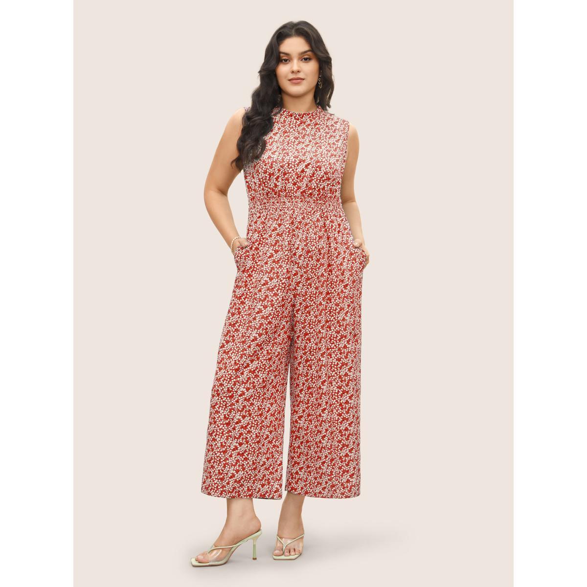 Plus Size Crimson Ditsy Floral Mock Neck Shirred Jumpsuit Women Elegant Sleeveless Mock Neck Everyday Loose Jumpsuits BloomChic 14-16/1X Product Image