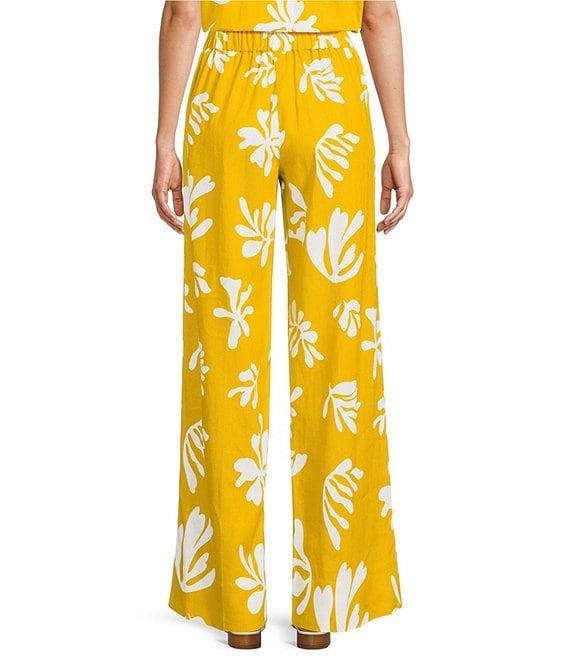Marella Antiope Linen Blend Summer Leaf Print Elastic Back Wide Leg Pull-On Coordinating Pants Product Image
