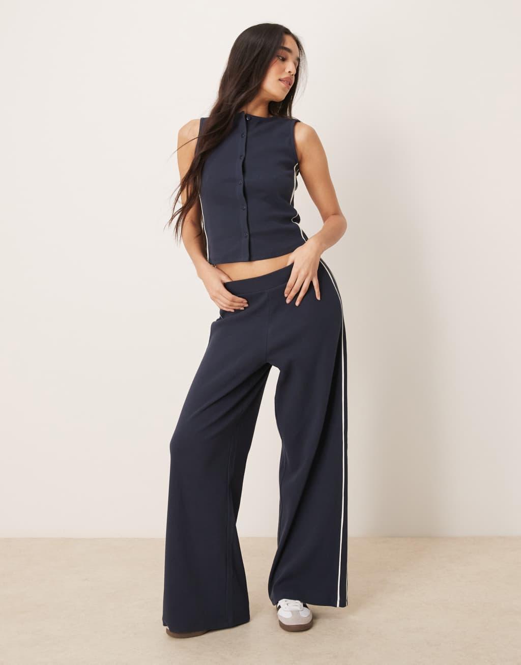 ASOS DESIGN crew neck button up top with contrast piping in navy - part of a set Product Image