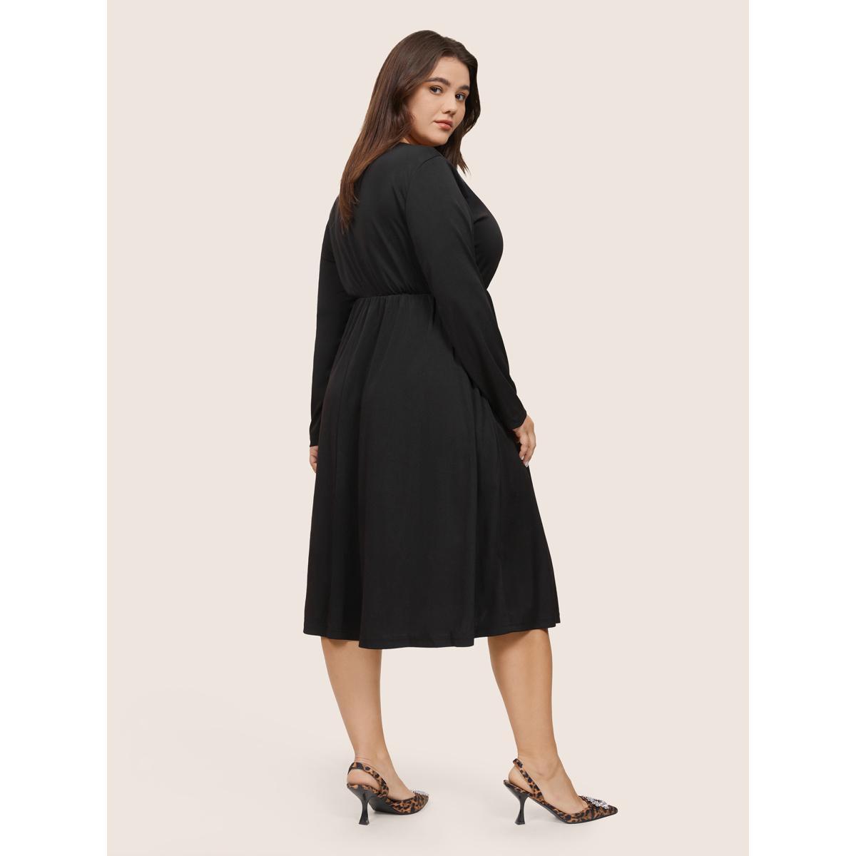 Plus Size Plain Sequin Patchwork Elastic Waist Dress Black Women Glamour Sequin Square Neck Long Sleeve Curvy Midi Dress BloomChic 12/L Product Image