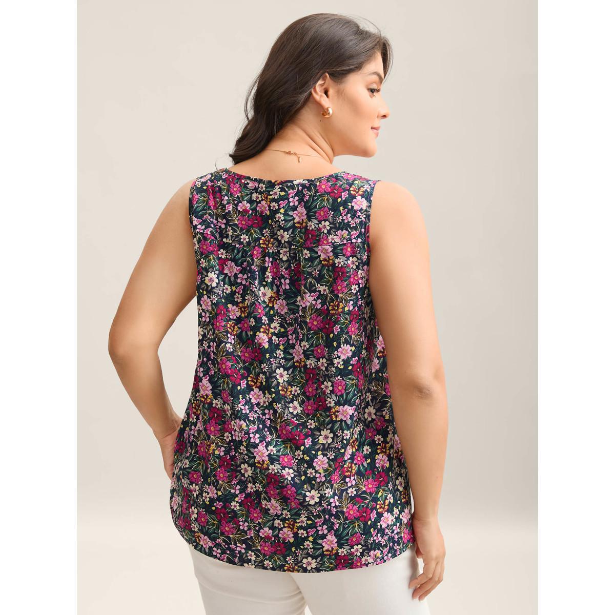 Plus Size Floral Print Pleated Neck Tank Top Women Midnight Gathered U-neck Everyday-Elegant Tank Tops Camis BloomChic 30/6X Product Image