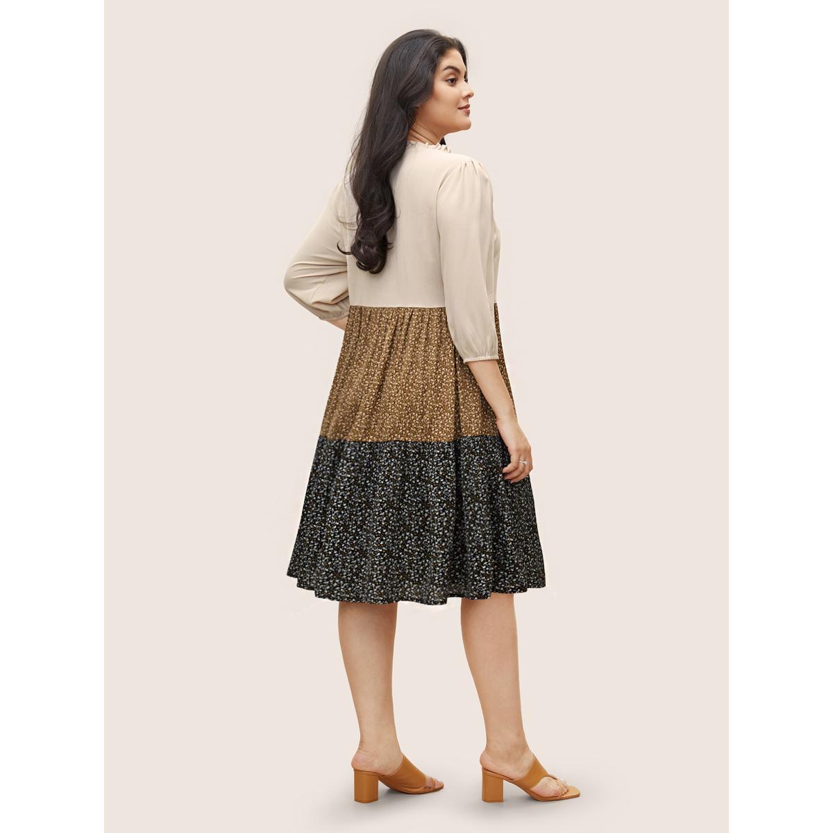 Plus Size Tie Neck Ditsy Floral Colorblock Contrast Frill Trim Dress Apricot Women Casual Non V-neck Elbow-length sleeve Curvy Midi Dress BloomChic 26/4X Product Image