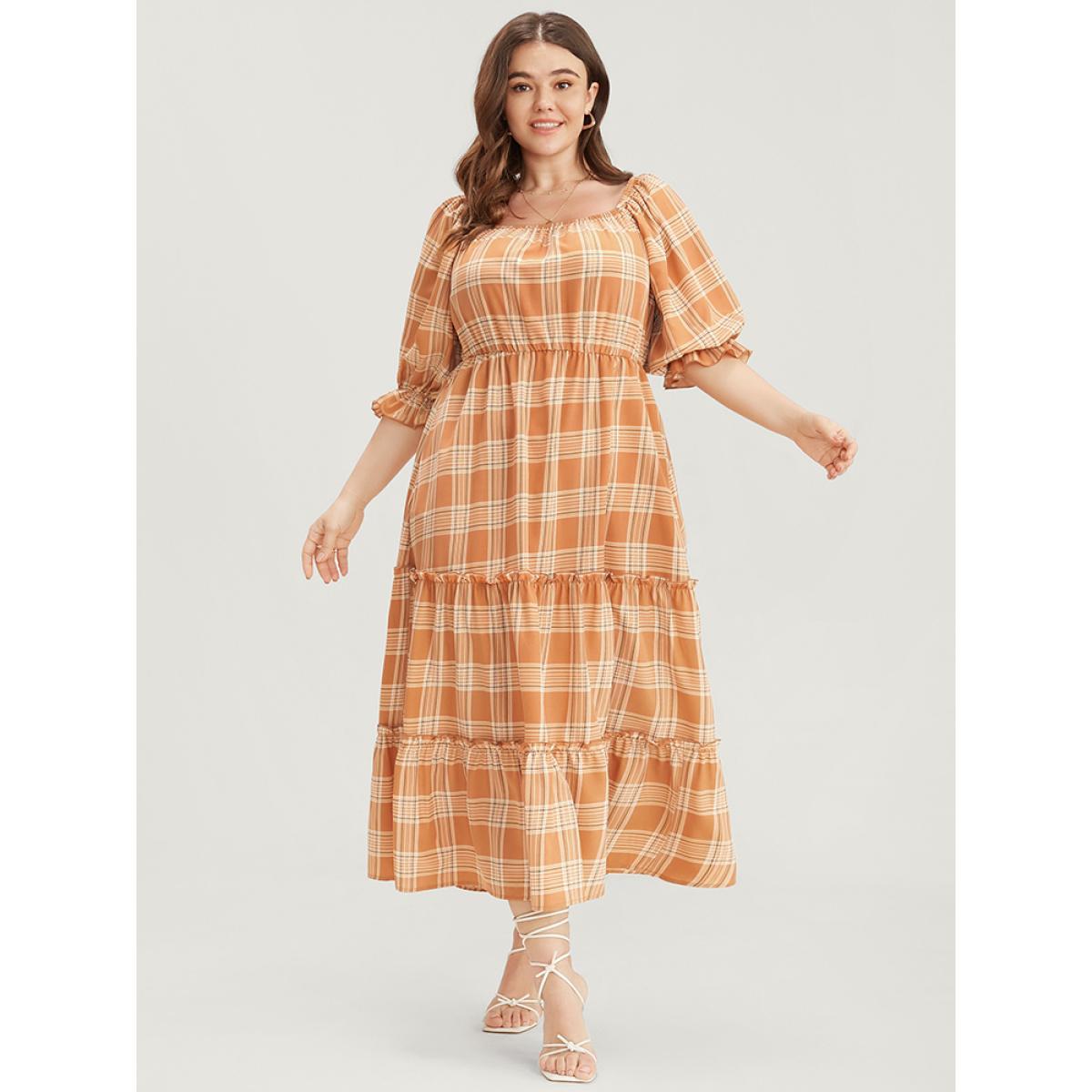 Plus Size Plaid Square Neck Lantern Sleeve Pocket Flutter Dress LightBrown Women Elegant Tiered Square Neck Half Sleeve Curvy Midi Dress BloomChic 14-16/1X Product Image