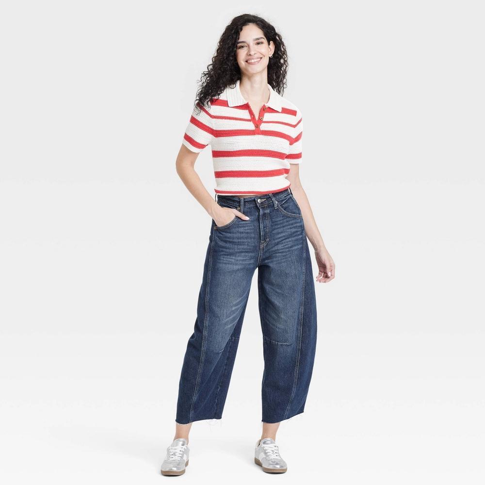 Women's High-Rise Curved Leg Barrel Jeans - Universal Thread™ Dark Wash 16: Heavyweight Denim, Raw Edge Hem Product Image