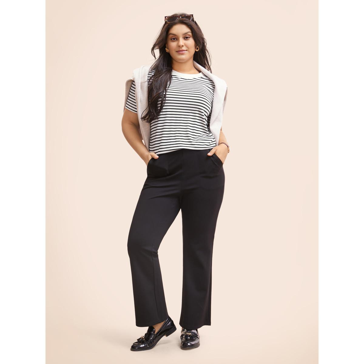 Plus Size Striped Crew Neck Rib Knit T-shirt Originalwhite Women Work From Home Contrast Round Neck Work T-shirts BloomChic 12/L Product Image