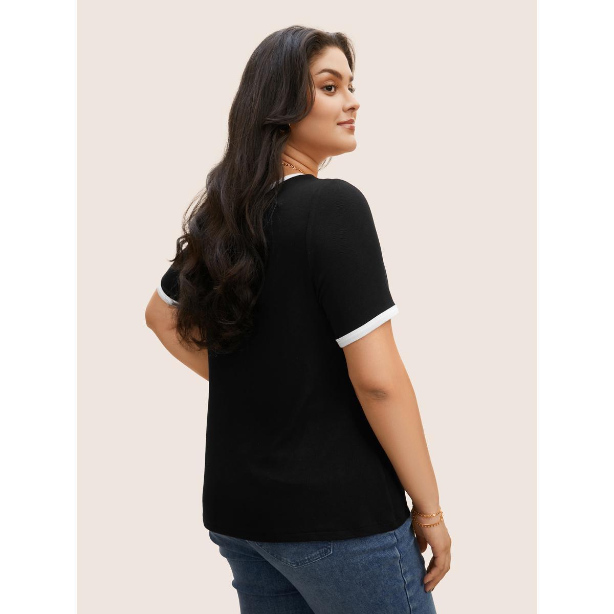 Plus Size Asymmetrical Neck Contrast Trim Pit Strip T-shirt Black Women Elegant Contrast Asymmetrical Neck Bodycon Everyday T-shirts BloomChic 30/6X Product Image