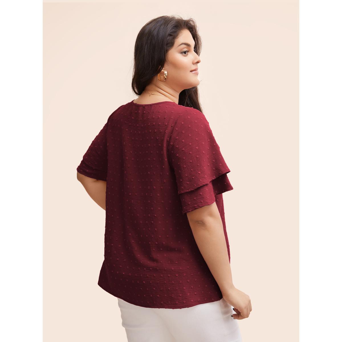 Plus Size Burgundy Plain Ruffle Tiered Sleeve V Neck Polka Dot Blouse Women Elegant Short sleeve V-neck Everyday Blouses BloomChic 30/6X Product Image