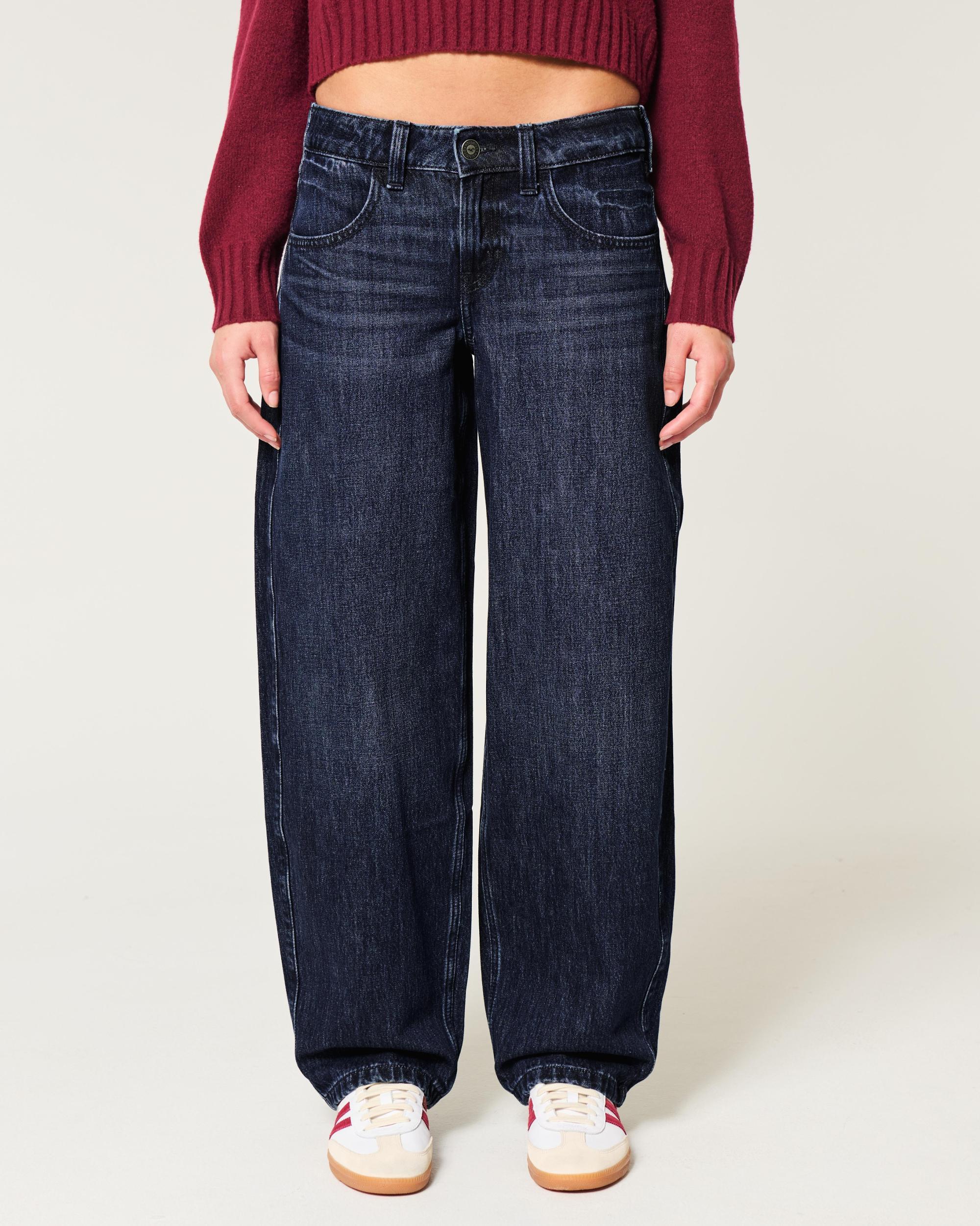 Low-Rise Dark Wash Tapered Baggy Jeans Product Image