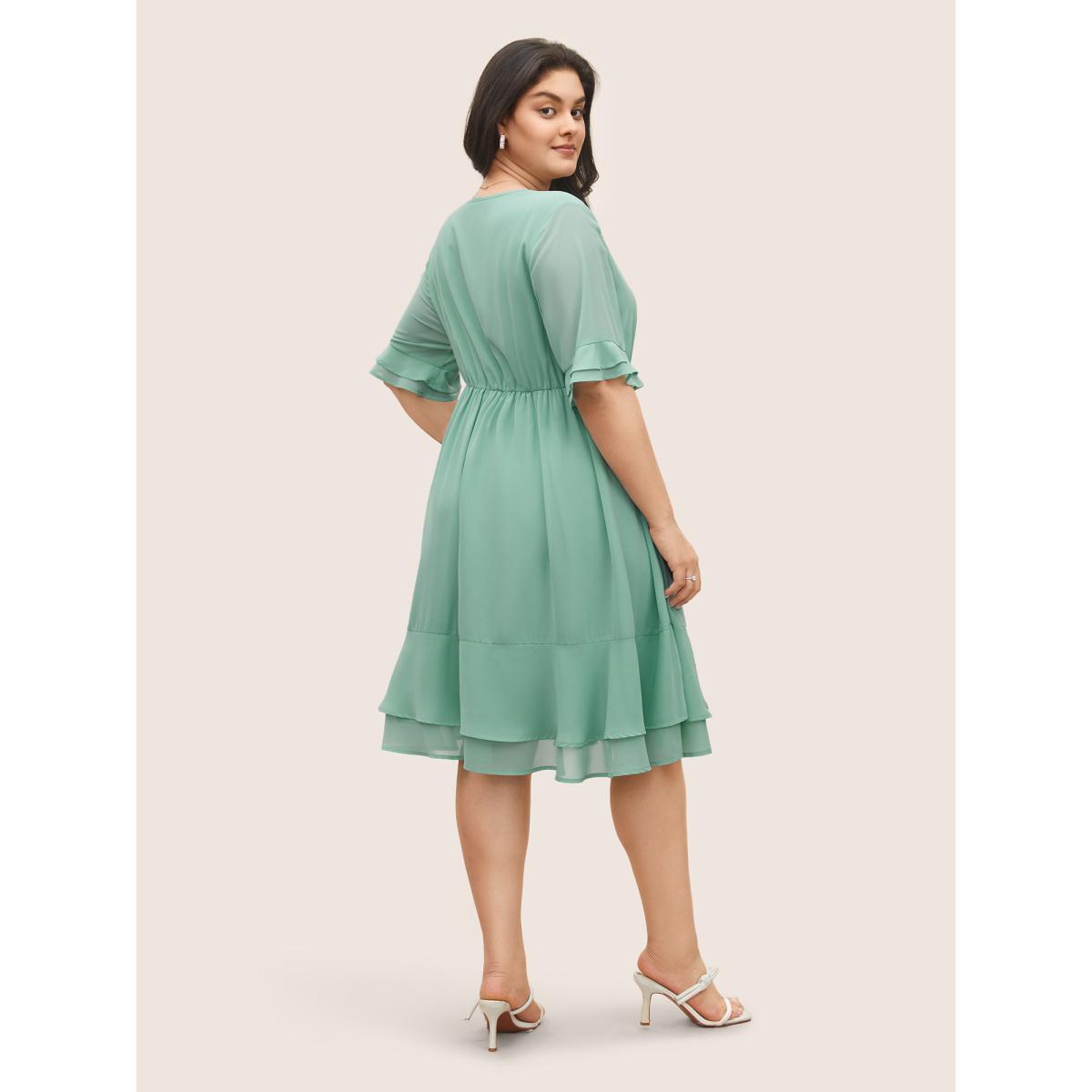 Plus Size Solid Bowknot Patchwork Tiered Ruffle Sleeve Dress Turquoise Women Elegant Non V-neck Half Sleeve Curvy Midi Dress BloomChic 22-24/3X Product Image