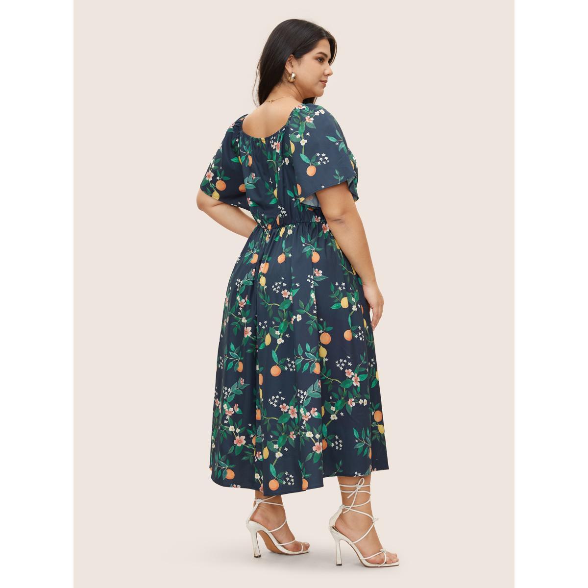 Plus Size Citrus Orange Print Square Neck Gathered Drawstring Dress Navy Women Elegant Tie knot Square Neck Half Sleeve Curvy Midi Dress BloomChic 22-24/3X Product Image