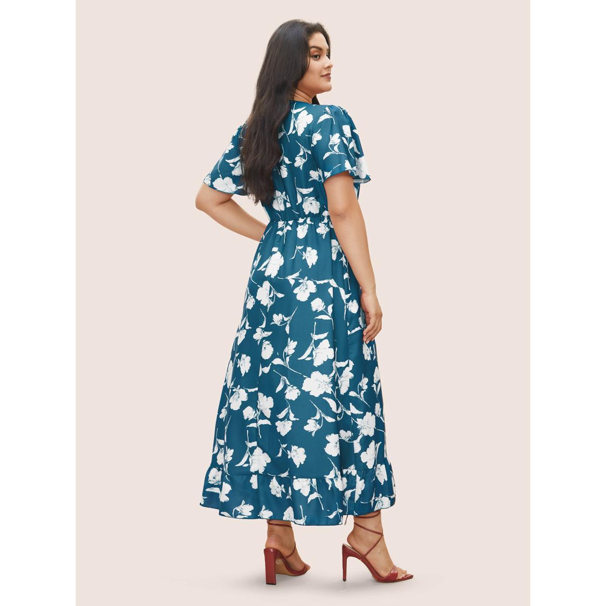 Plus Size Floral Ruffle Knot Side Wrap Dress Teal Women Elegant Ruffles V-neck Short sleeve Curvy Midi Dress BloomChic 30/6X Product Image