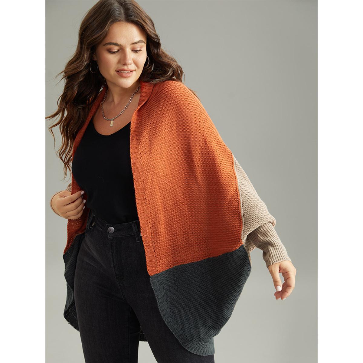 Plus Size Colorblock Batwing Sleeve Patchwork Cardigan Multicolor Women Casual Loose Long Sleeve Everyday Cardigans BloomChic 12/L Product Image