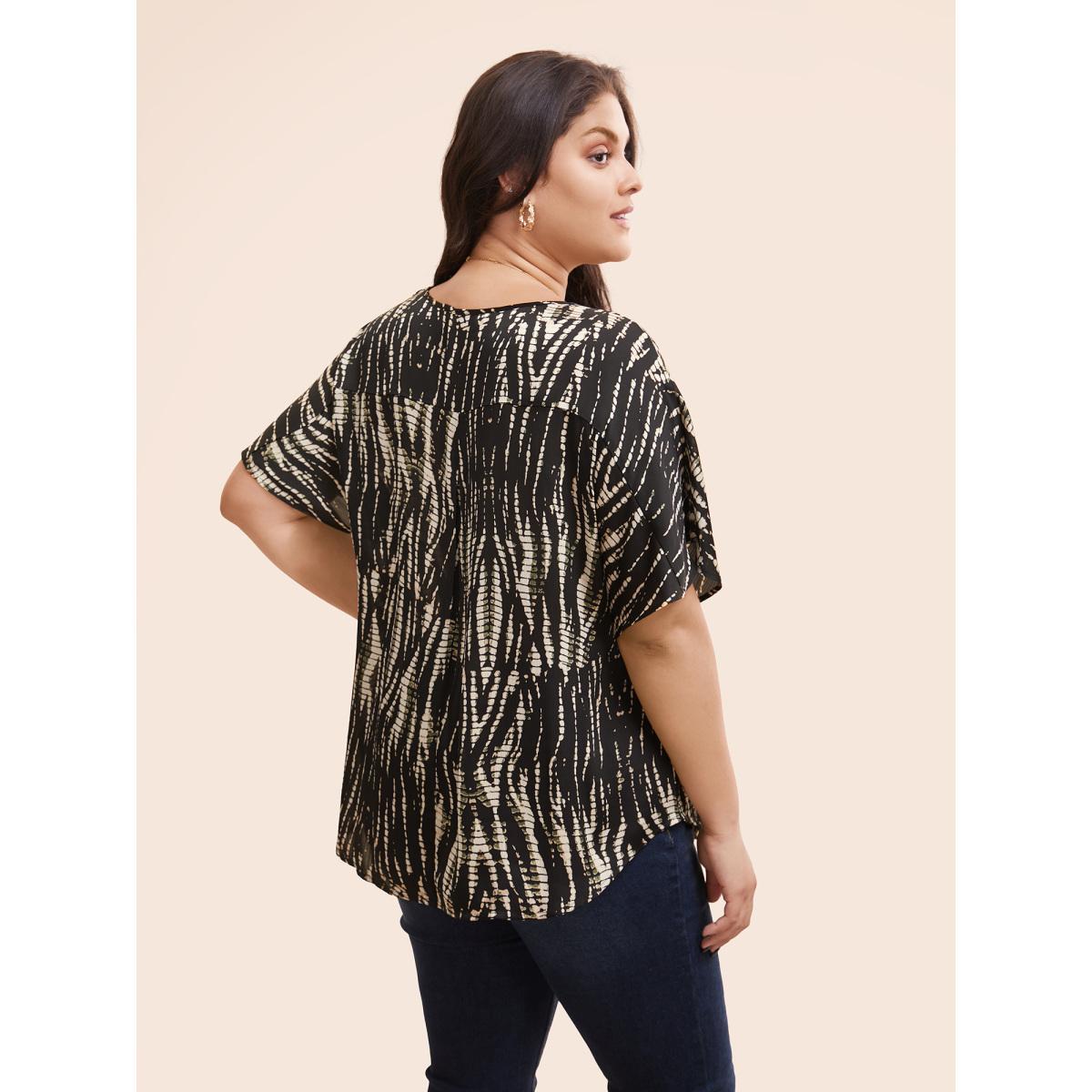 Plus Size Black Animal Print Pleated Dolman Sleeve Blouse Women Elegant Short sleeve V-neck Everyday Blouses BloomChic 28/5X Product Image
