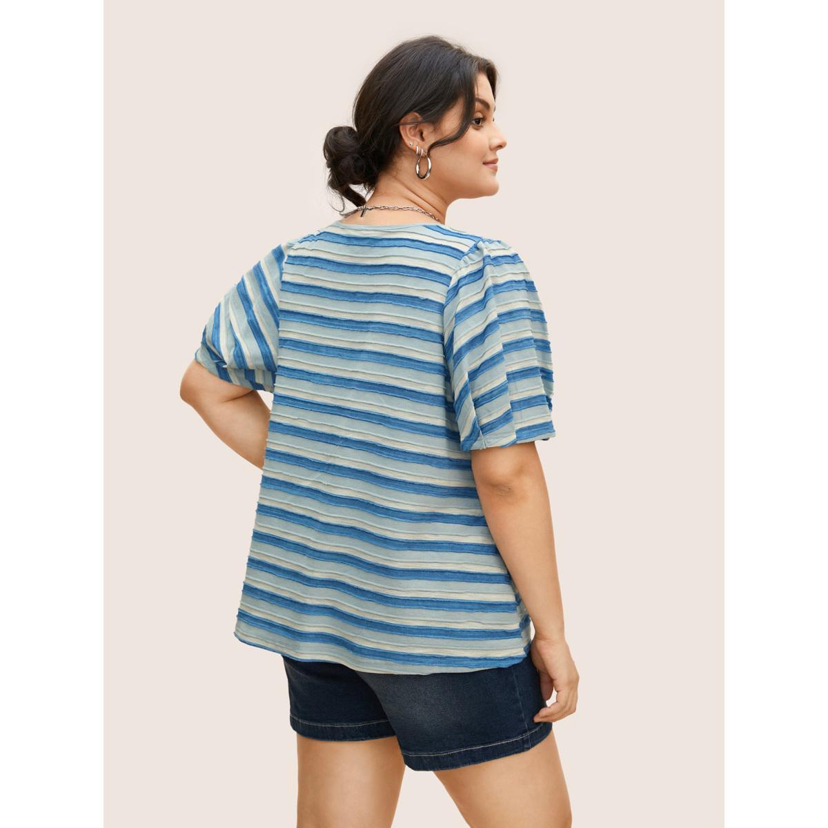 Plus Size V Neck Textured Striped Tie Knot T-shirt Skyblue Women Casual Texture V-neck Everyday T-shirts BloomChic 10/M Product Image