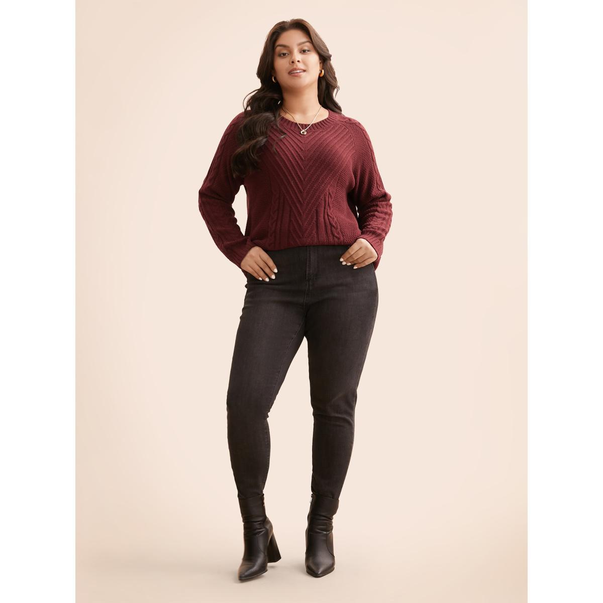 Plus Size Texture Cable Knit Raglan Sleeve Pullover Scarlet Women Casual Loose Long Sleeve Round Neck Everyday Pullovers BloomChic 30/6X Product Image