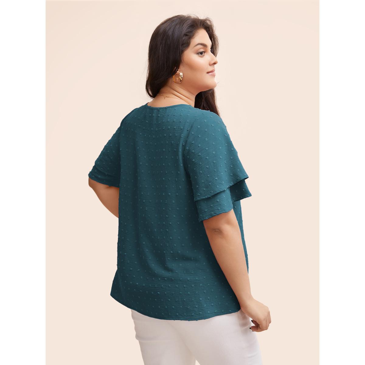 Plus Size Cerulean Plain Ruffle Tiered Sleeve V Neck Polka Dot Blouse Women Elegant Short sleeve V-neck Everyday Blouses BloomChic 18-20/2X Product Image