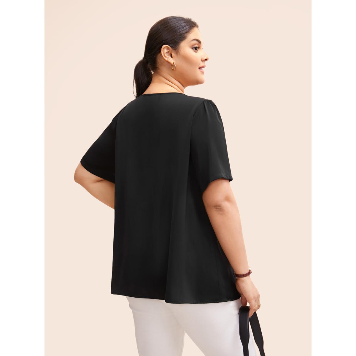 Plus Size Black Anti-Wrinkle Plain Metal Detail Keyhole Neck Blouse Women Office Short sleeve V-neck Work Blouses BloomChic 26/4X Product Image