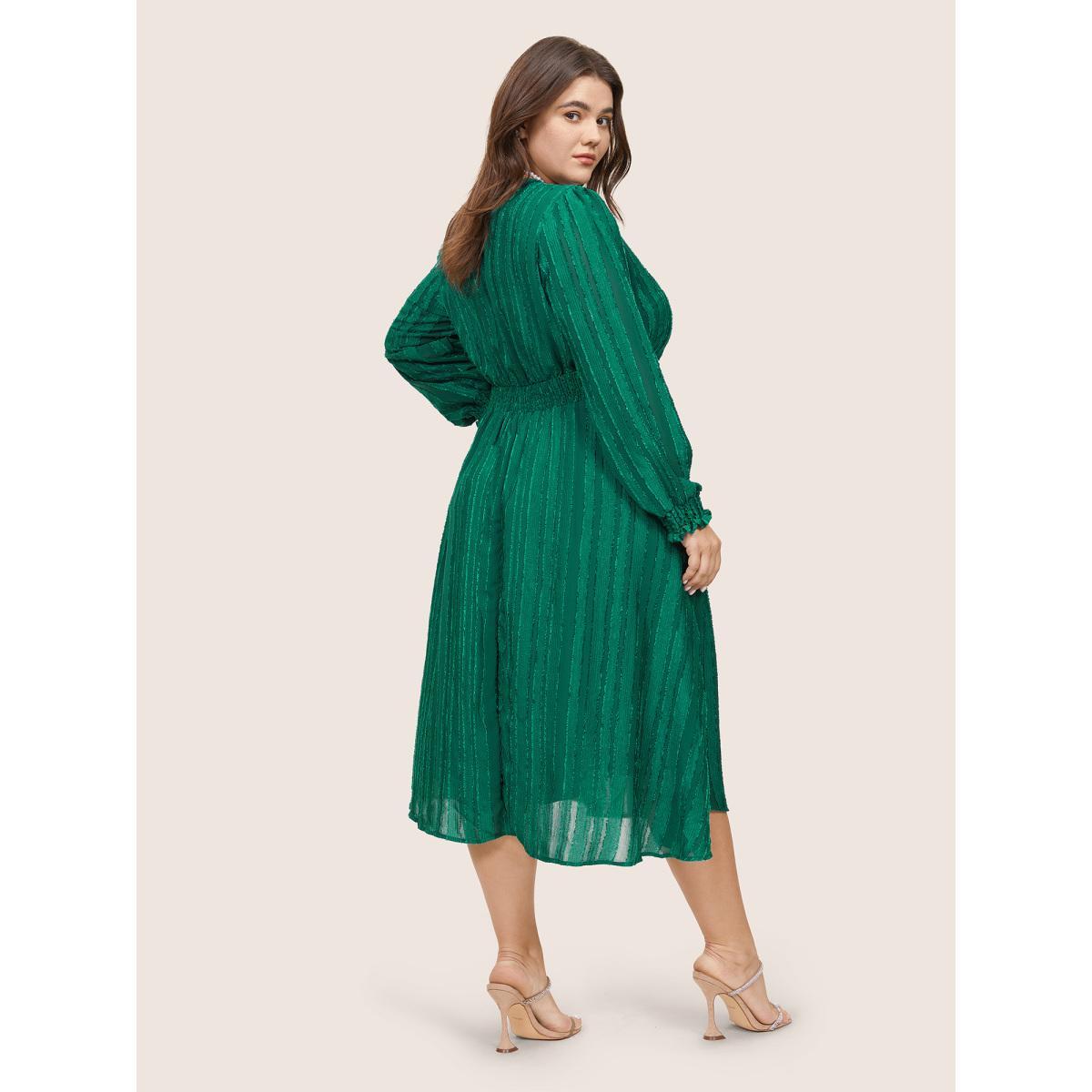 Plus Size Solid Lantern Sleeve Pocket Plisse Shirred Dress DarkGreen Women Party Texture V-neck Long Sleeve Curvy Midi Dress BloomChic 30/6X Product Image