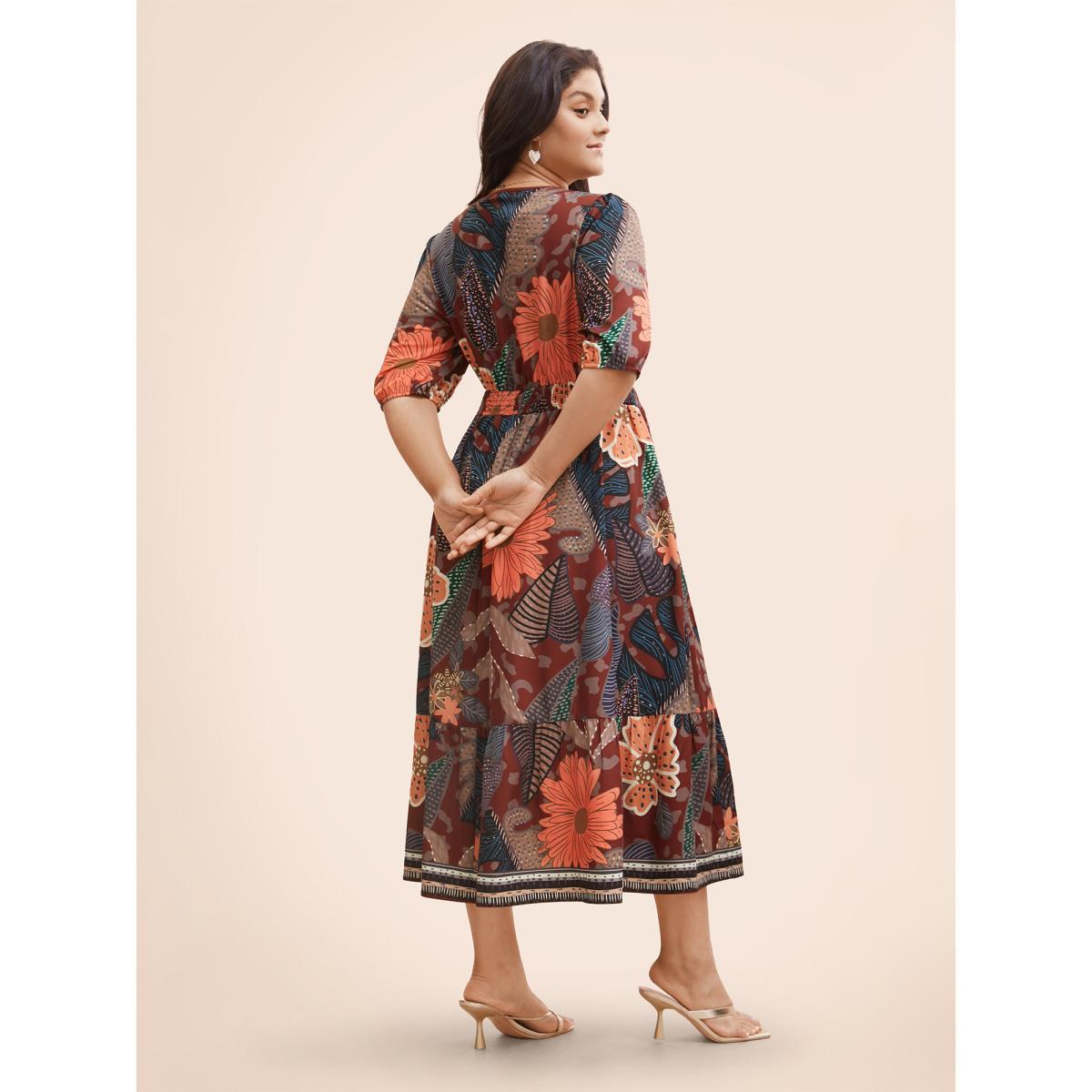Plus Size Floral Shirred Lantern Sleeve Midi Dress Burgundy Women Resort Gathered V-neck Half Sleeve Curvy BloomChic 22-24/3X Product Image
