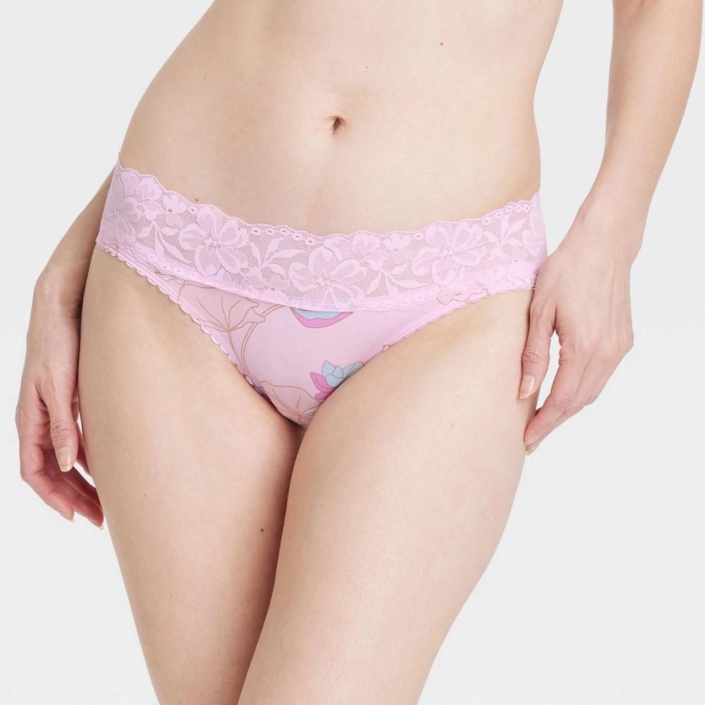 Women's Cotton Blend Bikini Underwear with Lace - Auden™ Pink Waterlily Floral M Product Image