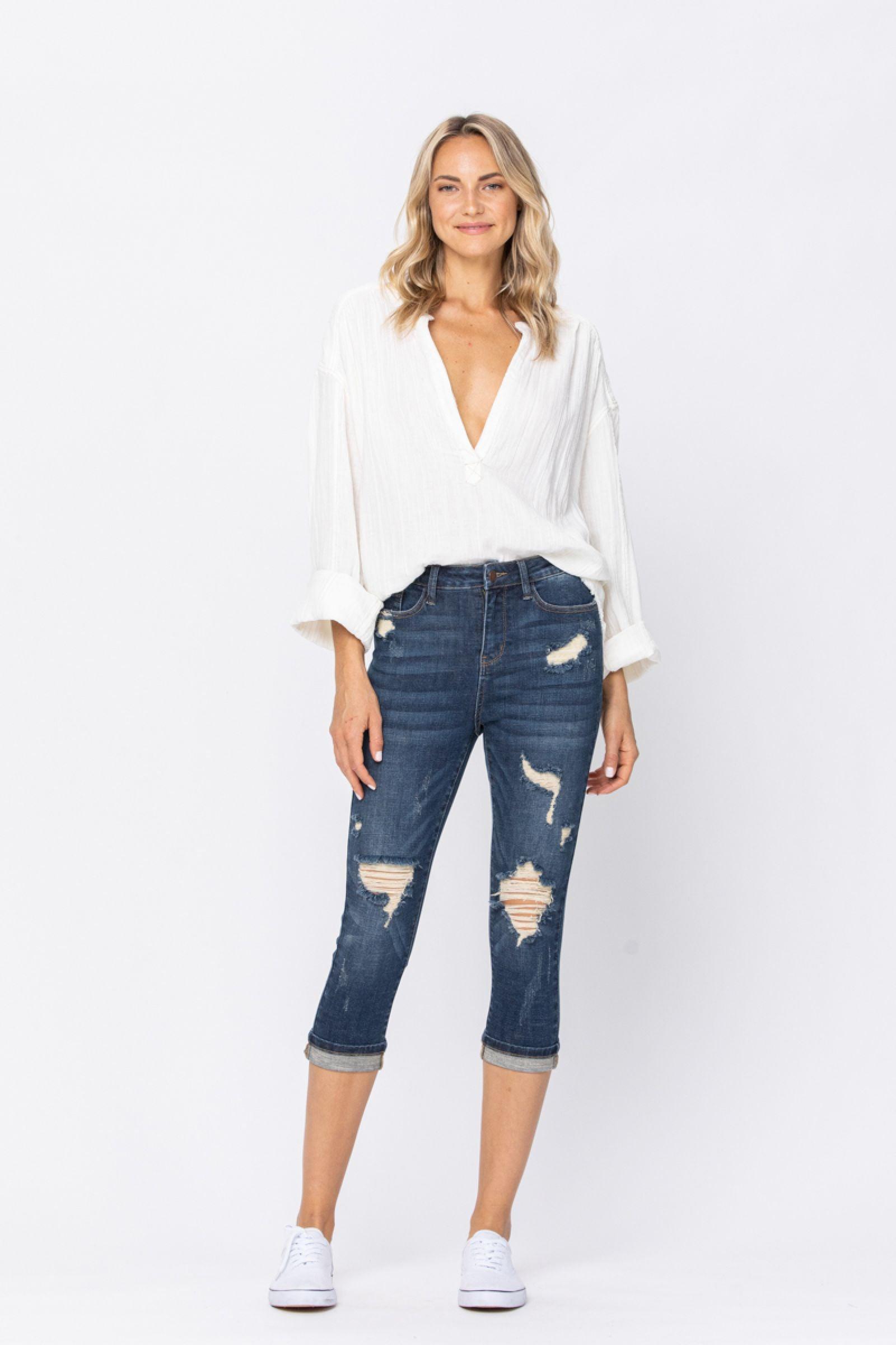 Chevelle Hi-Rise Cuffed Distressed Judy Blue Capri Jeans Product Image