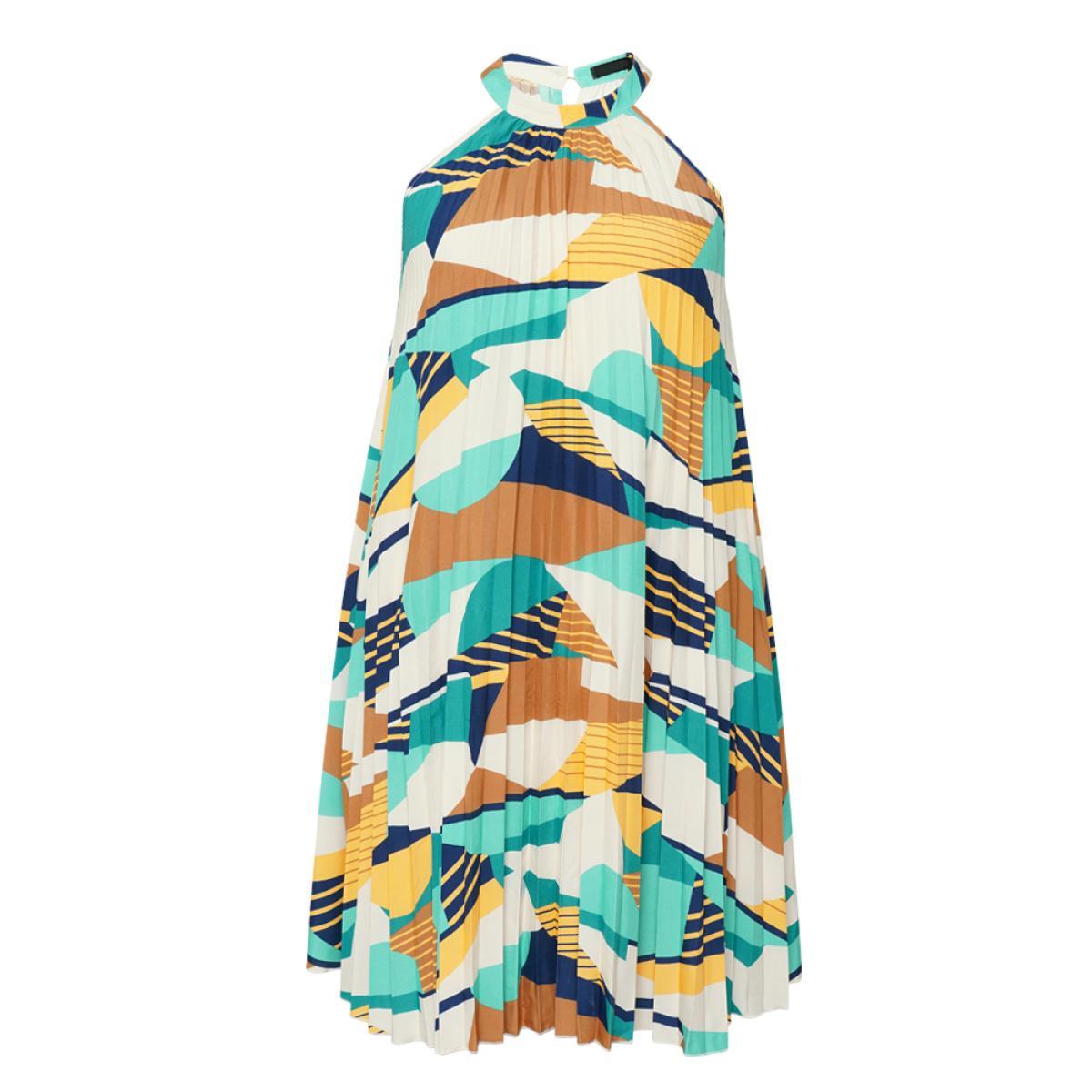 Plus Size Geometric Contrast Pocket Halter Neck Pleated Dress Multicolor Women Elegant Contrast Halter neck Sleeveless Curvy Midi Dress BloomChic 14-16/1X Product Image