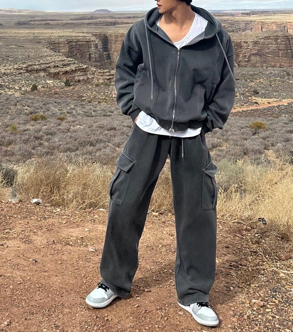 RT No. 11925 DARK GRAY ZIP-UP HOODIE & WIDE SWEATPANTS Product Image