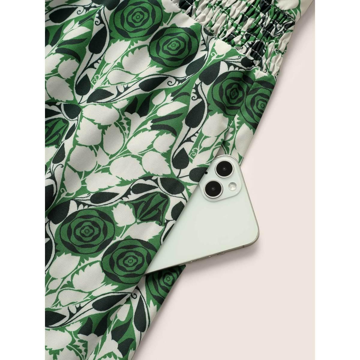 Plus Size Boho Print Ruffles Shirred Pocket Elastic Waist Dress Green Women Resort Non Notched collar Cap Sleeve Curvy Midi Dress BloomChic 22-24/3X Product Image