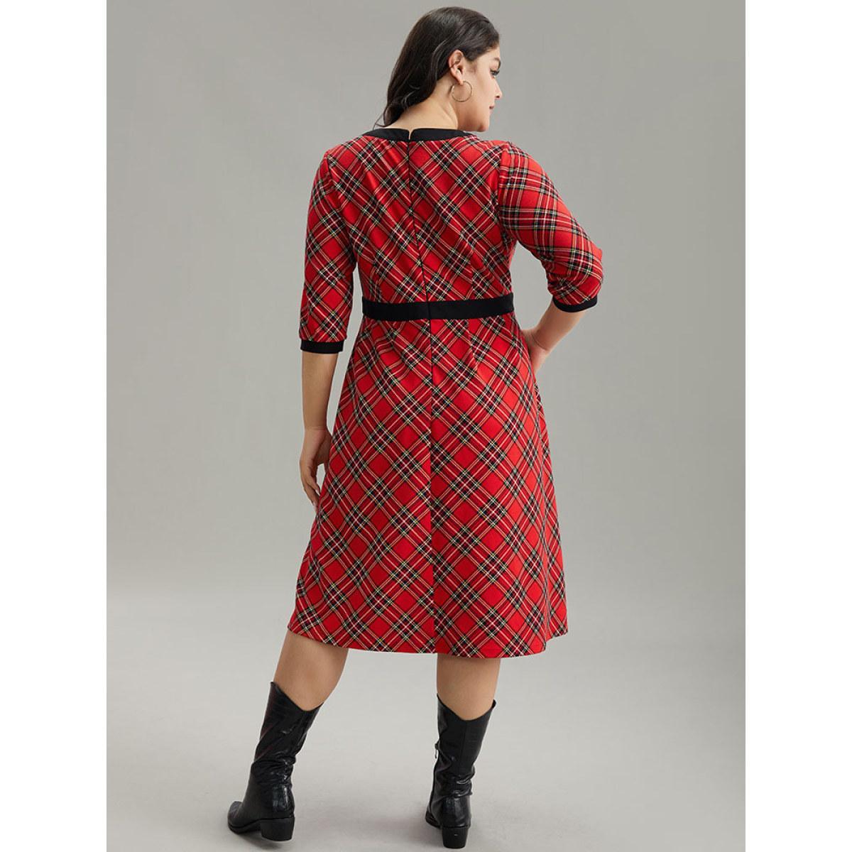 Plus Size Plaid Contrast Trim Pocket Button Detail Dress Raspberry Women Casual Printed V-neck Elbow-length sleeve Curvy Midi Dress BloomChic 22-24/3X Product Image