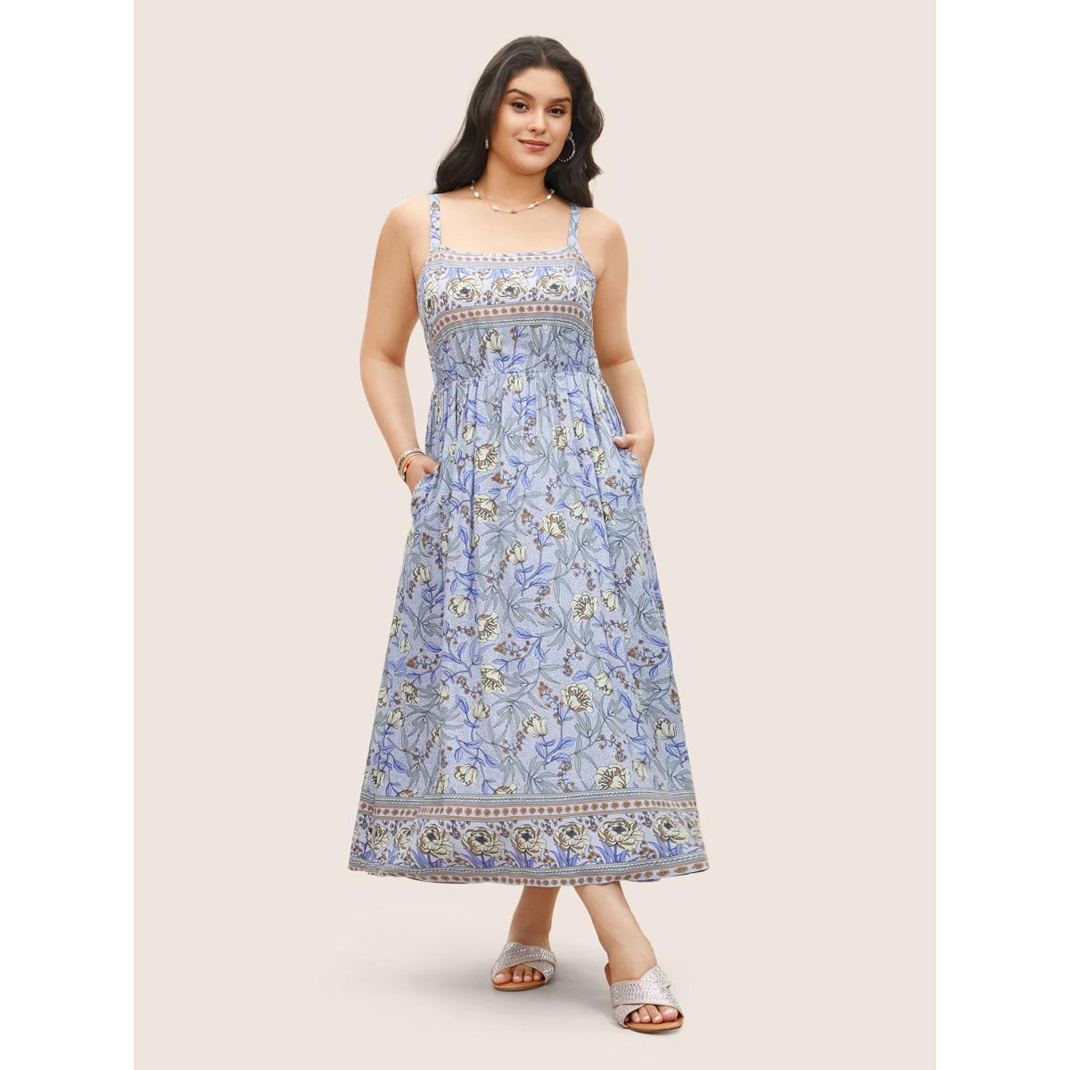 Plus Size Floral Elastic Waist Adjustable Straps Cami Dress Stone Women Resort Non Non Sleeveless Curvy Midi Dress BloomChic 28/5X Product Image