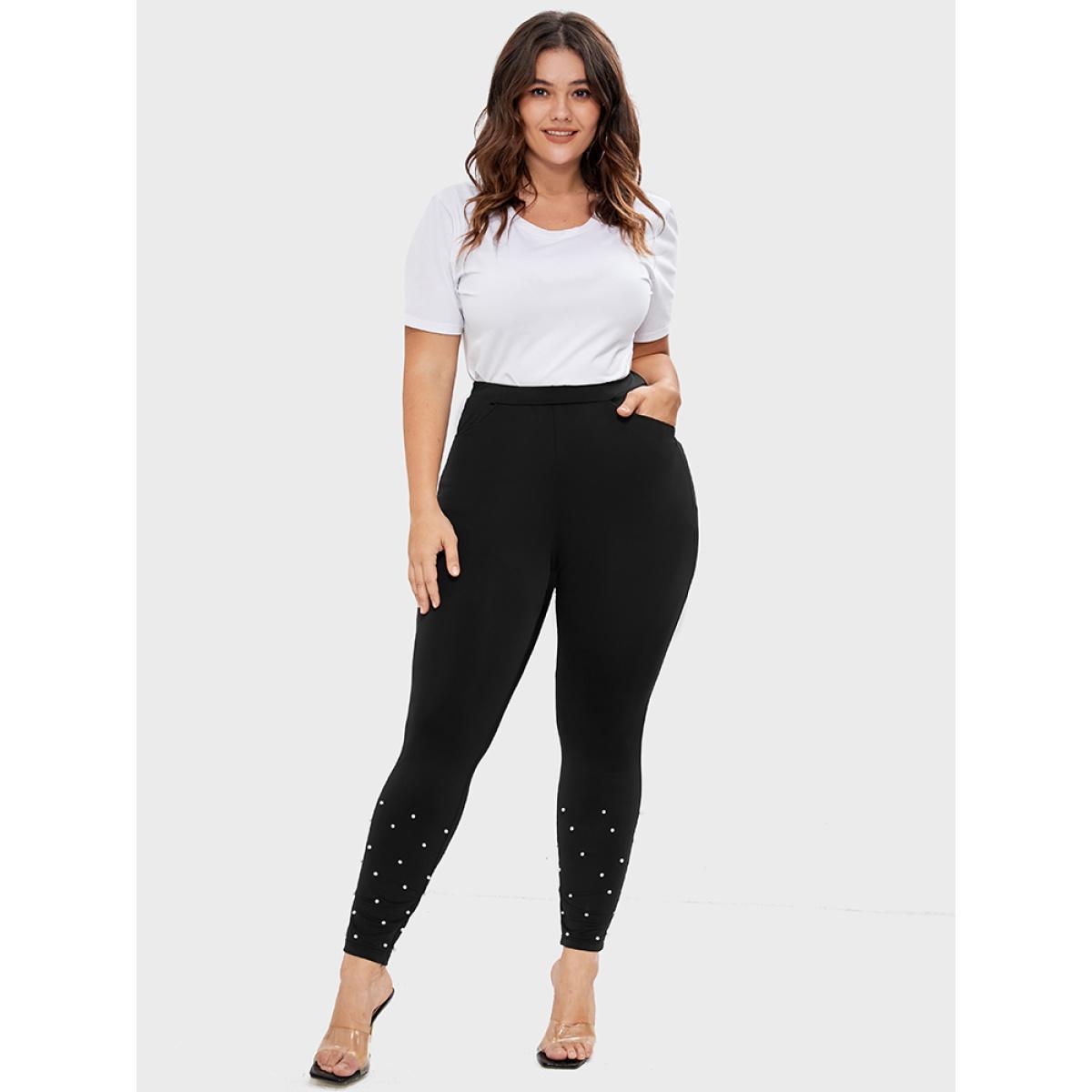 Plus Size Solid Pocket Beaded Hem Leggings Women Black Party Low stretch Skinny High Rise Going out Leggings BloomChic 30/6X Product Image