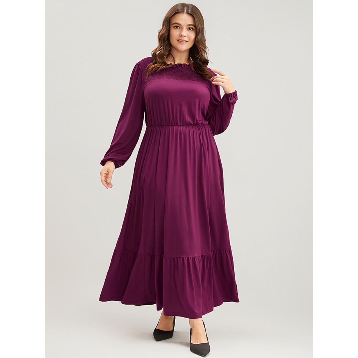 Plus Size Solid Frill Trim Shirred Lantern Sleeve Pocket Flutter Maxi Dress Purple Women Elegant Pocket Round Neck Long Sleeve Curvy Long Dress BloomChic 28/5X Product Image